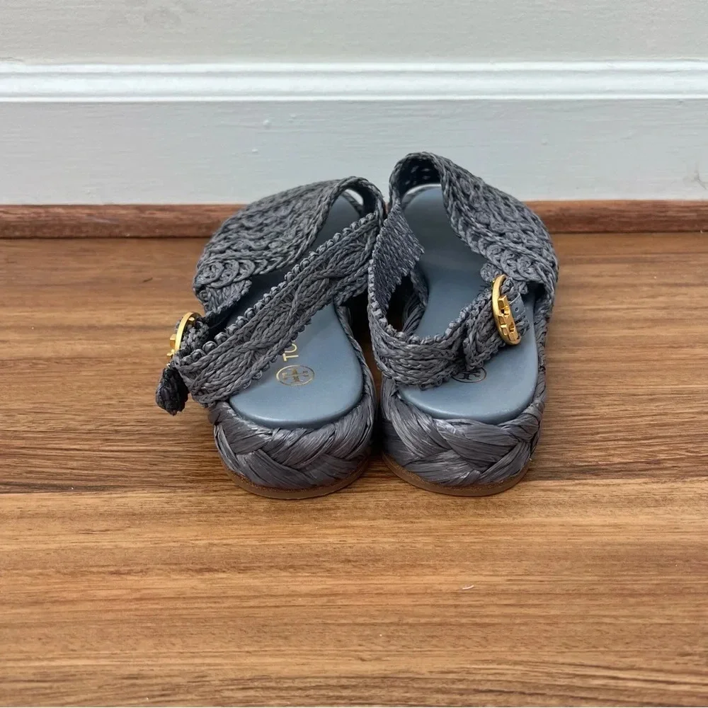 Tory Burch Raffia Canvas Crochet Trim Platform Slingback Espadrilles Sandals